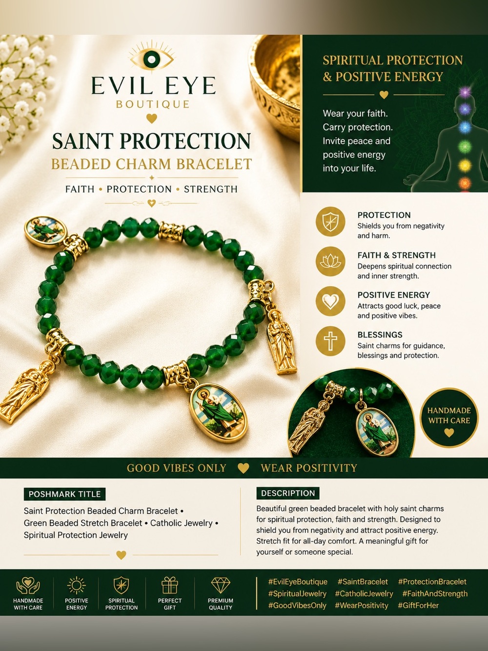 Green Saint Protection Beaded Charm Bracelet